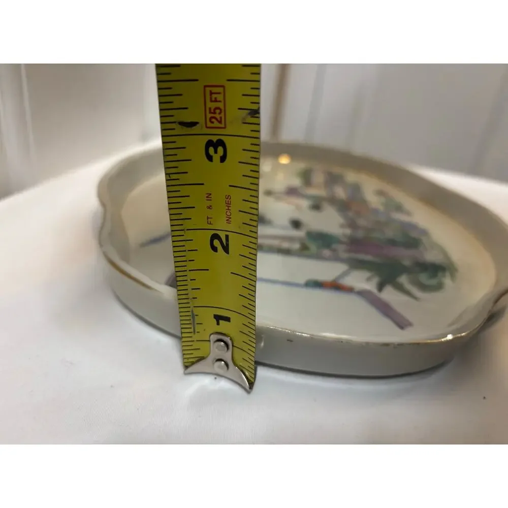 Vintage Chinese Famille Rose Porcelain Scalloped Tray Plate Gold Rim Decor